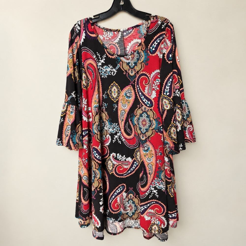 Womens Black Red Paisley Swing Dress 3/4 Bell Sleeve Pockets Boho